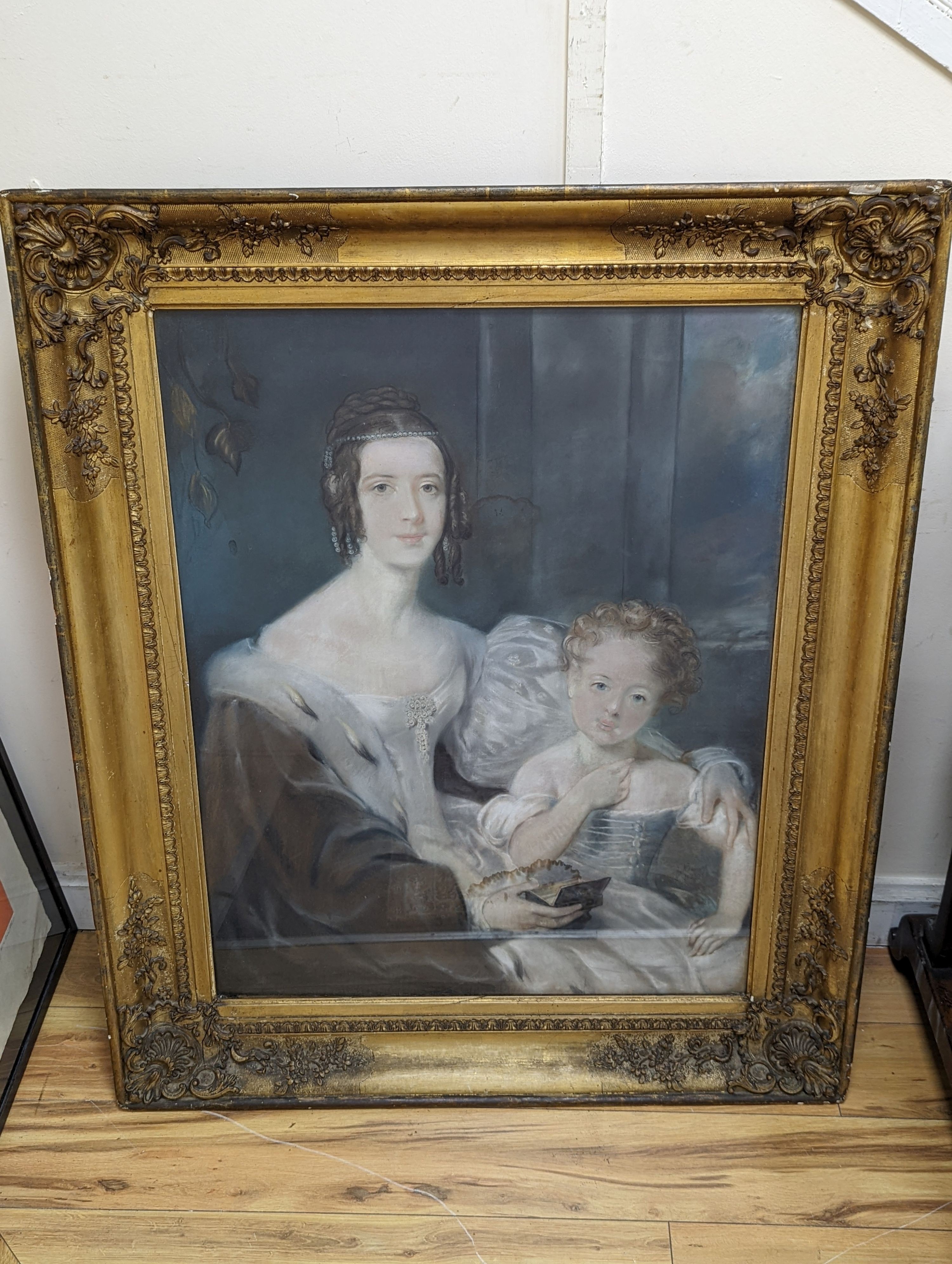 Mid 19th century English School, pastel, Portrait of mother and daughter, 90 x 70cm